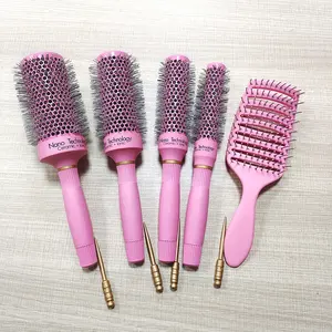 Custom Logo Ceramic Nylon Bristle Detangling Pink Hair Straightener Brush Nano Technology Ceramic Ionic Round Hair Brush Set