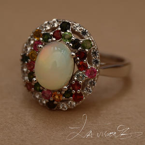 Anillo de la Serie Counterattack con Incrustaciones de Jade, Ópalo, Turmalina Natural y Zafiro Blanco Sintético, Joyería Vintage - Product Image 5