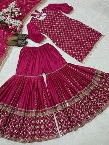Conjunto de Lujo al por Mayor: Top de Seda Chiffon, Sharara, Palazzo y Dupatta con Bordado Pesado de Lentejuelas, Estilo Pakistaní, Ropa Festiva para Mujer - Product Image 3