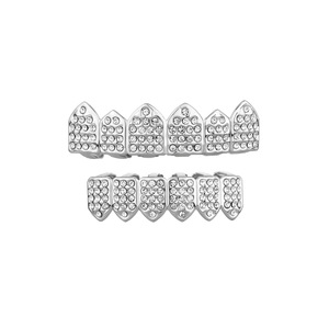 Grillz para dientes, diseño geométrico con diamantes completos, plateados, para uso diario, accesorios de hip hop para hombre. - Product Image 1