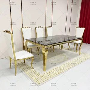 Tabelas de sala de jantar, venda a atacado barato 6 8 lugares cadeiras sala de jantar móveis pernas de ouro mármore superior jantar mesa e cadeiras