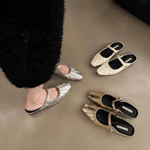 Women's Summer Half <b>Slip</b>-On <b>Slides</b> Square Pointed Metal Buckle Pleated Bag Mouret Shoes - Product Image 1