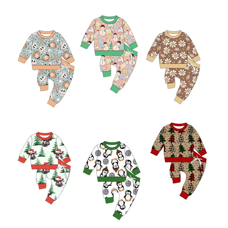 Atacado Personalizado Impresso Pijama Infantil de Natal Tecido Macio Plus Size Girl Sets