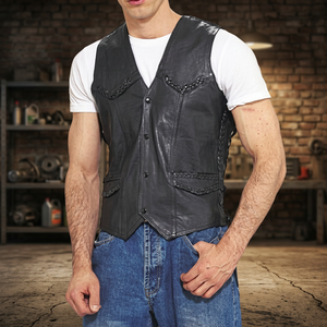 Gilet en cuir véritable pour hommes Biker Veste coupe-vent pour l'été Coton rempli - Product Image 3