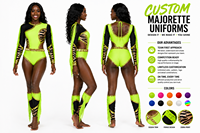 Uniforme de Majorette Personalizado Verde Neón, Negro y Dorado con Lentejuelas, Estampado de Cebra, Manga Única, Flecos Laterales, Corte Alto, Leotardo y Conjunto de Mangas para Piernas