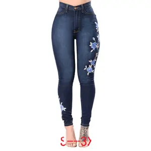 Custom New arrivals fashion flower embroidered on leg high waist blue jean skinny pencil women denim jeans