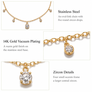 Collier à breloque en zircon en acier inoxydable plaqué or sous vide 14K, option or, gouttes rondes, chaîne réglable, tons or et argent - Product Image 3