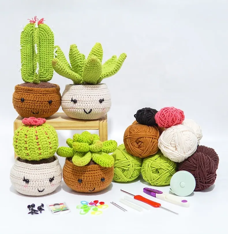 Knitted Crochet Cactus DIY 4 Pack Plants Family Crochet Starter Kit with Step-by-Step Video Tutorials Crochet Kit for Beginners