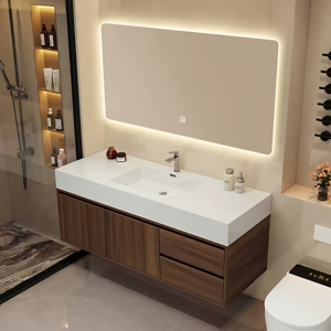 Walnut-colored <b>floor</b>-standing <b>bathroom</b> <b>cabinet</b> in new Chinese style, featuring a smart mirror <b>cabinet</b> and light strip - Product Image 6