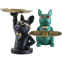 Statue de majordome avec plateau en métal Sculpture de bouledogue français en résine, bol à clés pour entrée Table bureau bonbons bijoux porte-boucle d'oreille