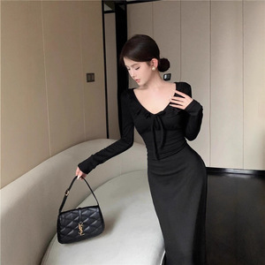 Retro V Neck Ruffled Long Dress With Tie Up Design Slim Waist Long Sleeve Sheath Evening Dress For Women Black - Product Image 4