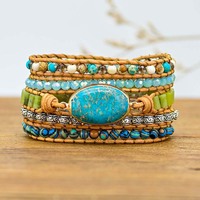 Pulseira boho chique artesanal trançada, multicamada pedra natural emperor turquesa pedra preciosa 5 fios de couro bracelete envoltório