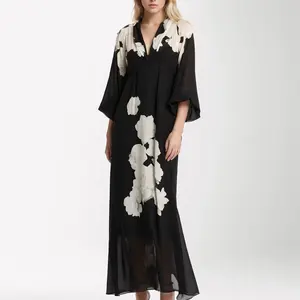 OEM 패션 섹시한 우아한 캐주얼 휴가 블랙 얇은 명주 그물 인쇄 미디 슬리브 깊은 V 넥 여성의 긴 드레스를 통해 참조