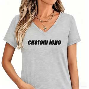 T-shirt d'été décontracté pour <span class=keywords><strong>femme</strong></span>, col en V, manches courtes, couleur unie, en coton doux et extensible, haut essentiel - Product Image 3