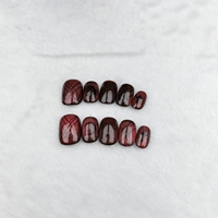 Uñas a presión, uñas cuadradas cortas, diseño rojo dibujado a mano, alta calidad, reutilizable