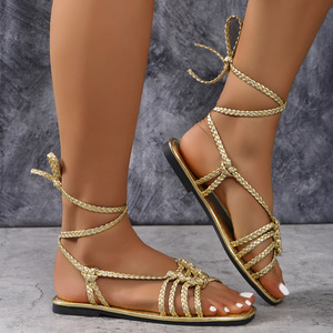 Nuevas Sandalias Planas con Tiras Trenzadas para Mujer, con Cierre en el Tobillo, Punta Abierta, Doradas, Casuales de Playa - Product Image 3