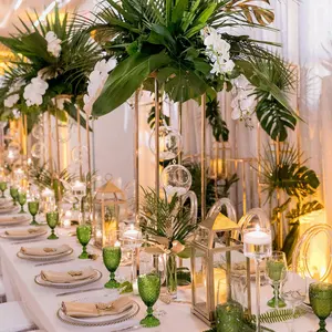 사각형 골드 금속 웨딩 꽃 꽃병 꽃 스탠드 웨딩 파티 테이블 중심 도로 LED 금속 테이블 장식