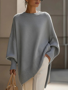 Suéter de punto holgado con mangas murciélago para <span class=keywords><strong>mujer</strong></span>, jersey informal de corte asimétrico, poncho de invierno, top liso. - Product Image 5