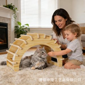Wooden Arched Cat <b>House</b> Semi Circle Multifunctional Pet <b>Bed</b> For Indoor Cats Medium Size - Product Image 1