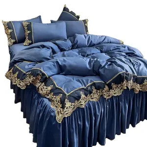 Cama Europeia Folha Plana Saia Borda Do Laço Luxo Rosa Bedding Set Folha De Cama + Fronhas Microfibra Bedding Set