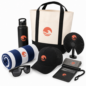 Wholesale Customization Ball Cap Summer Beach Gift Set with Cooling Towel <b>Water</b> <b>Bottle</b> <b>Foldable</b> Fan and Custom Swag Bag - Product Image 1