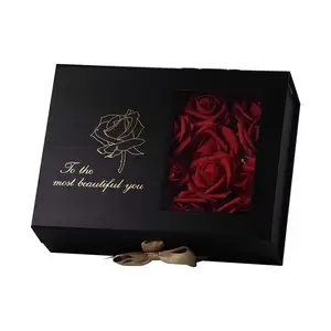 Оптовая продажа Роскошных черных цветочных роз, подарочная корзина для упаковки, коробки для подарочных наборов с прозрачным окном