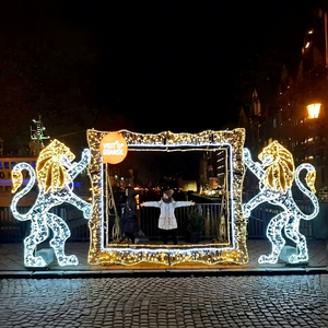Luces de marco de fotos navideñas LED para exteriores, impermeables IP65, con leones y letrero 'Visita Gdansk' para exhibición festiva navideña - Product Image 1