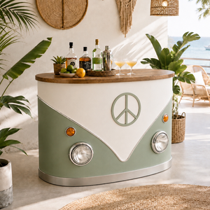 Comptoir de bar de style voiture vintage avec dessus en bois et design de phare pour la décoration intérieure de cuisine, restaurant, café, salon - Product Image 1