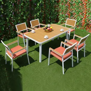 热销户外花园铝制庭院花园套装家具套装塑木家具6座庭院PS木质桌椅套装