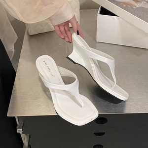 Women Square Toe Wedge Sandals Minimalist Thong <b>Heeled</b> Mules Elegant Summer Dress Shoes Party Office Daily Wear <b>White</b> - Product Image 6