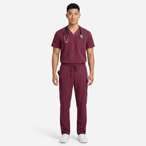 Ensemble de blouses médicales pour hommes, couleur bordeaux, coton et polyester, pantalon et haut à col en V avec poche pour stéthoscope - Product Image 1