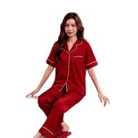 Pyjamas de couple pour mariage, peignoir de matin pour jeunes mariés, respirant, taille élastique, col en V, longueur intégrale, manches courtes, imprimé mignon, polyester, rouge