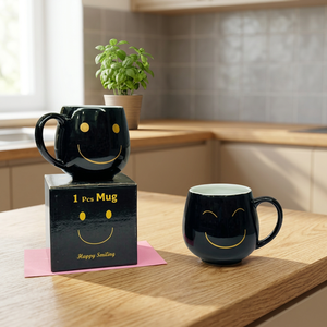 Black Ceramic Coffee <b>Mug</b> with Gold for Face Design Cute Cartoon Style Microwave Safe Dishwasher Safe Gift <b>Box</b> - Product Image 2