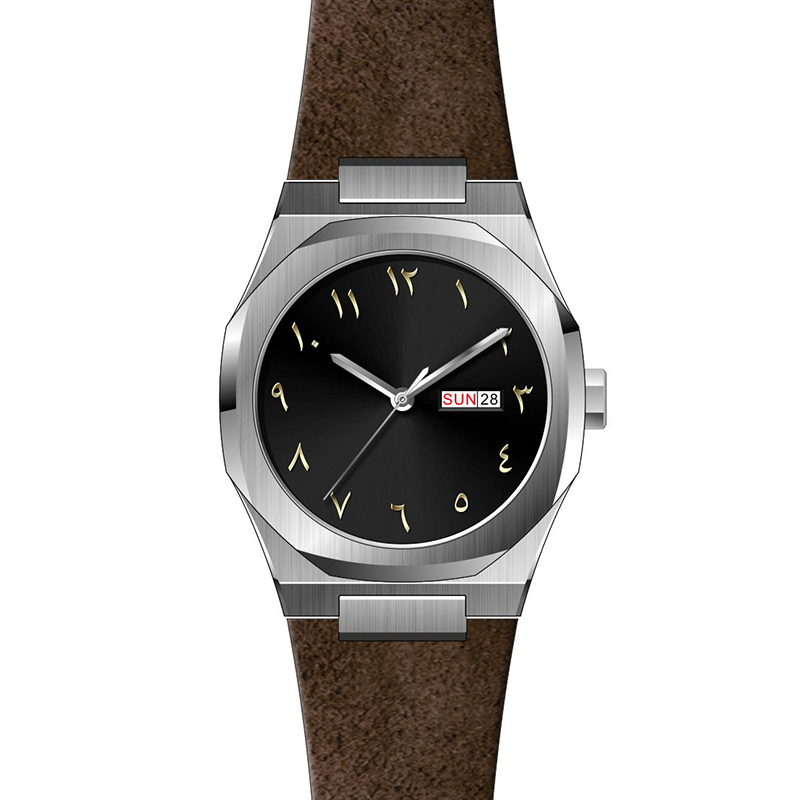 Boîtier argenté Cadran noir Bracelet en cuir marron