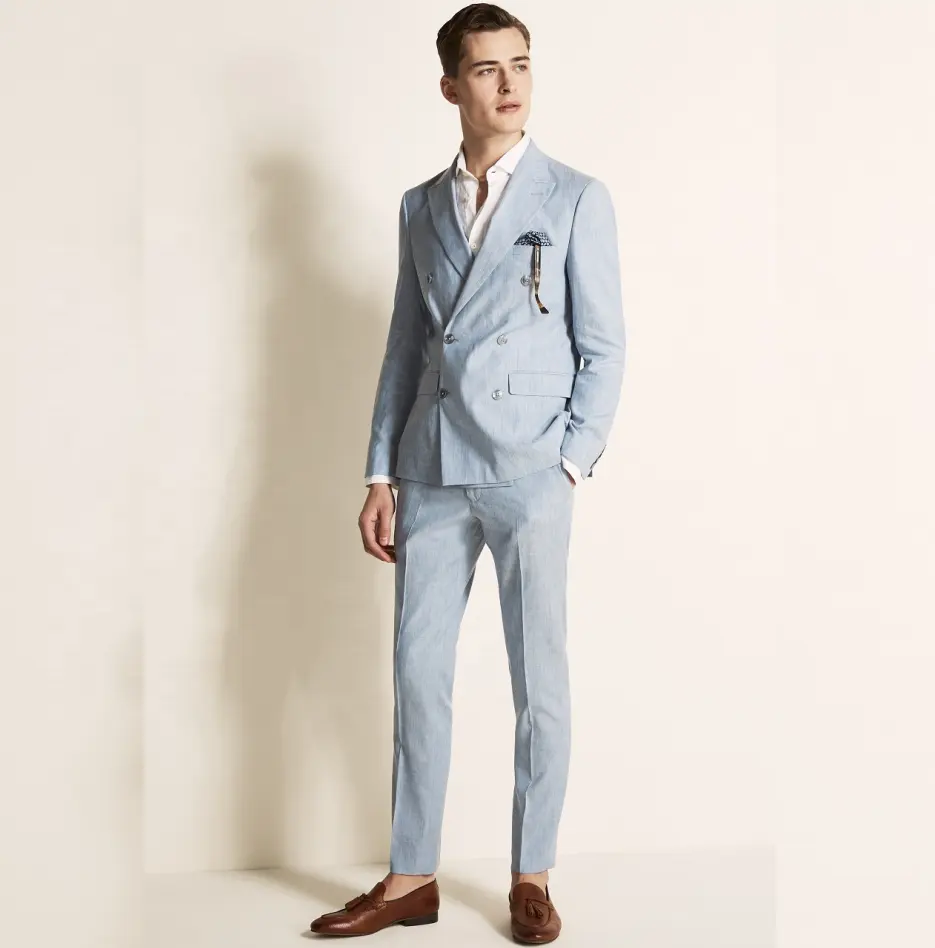 Light blue linen polyester fabric made double breasted blazer jacket trousers custom mens casual uniform suit
