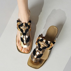 Large Size 47 Low Chunky Heels Women <b>Clip</b> Toe Slippers Dress on Thong Sandals Summer Braided Wide Fit Shoes - Product Image 3