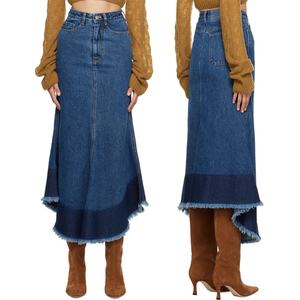 กระโปรงยีนส์วินเทจสำหรับผู้หญิง สีน้ำเงินตัดต่อสีต่างกัน ทรงเอ สมมาตร ชายรุ่ย ผ้าฝ้ายสั่งทำพิเศษ กระโปรงเดนิมยาวลำลองแบบมิดิ - Product Image 6