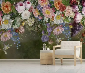 Papel de pared floral con pintura colorida, mural de pared con rosas, Fondo de tv interior, papel tapiz 3d