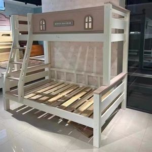 Lit superposé de style château en bois massif européen, double sur double, avec 2 tiroirs, 3 étagères et glissière pour lit mezzanine double - Product Image 5