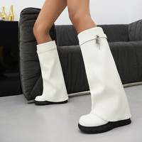 Femmes Arqa Fold Over Knee High Boot Platform Heel Padlock Boots with Zipper Biker Shoes for Women Plus Size 43 45 48 Women Boots