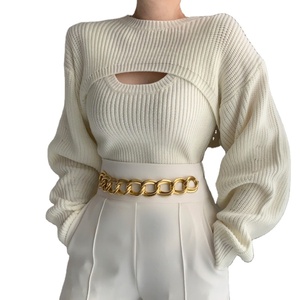 Mùa Đông Giản Dị Màu Rắn Dày Áo Len Thiết Lập Mặc Crew Cổ Hai Mảnh Thiết Lập Hàng Dệt Kim Phụ Nữ - Product Image 1