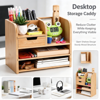 Organisateur de bureau en bambou durable, multi-niveaux, avec compartiments de rangement pour documents et papeterie, idéal pour le comptoir professionnel ou l'étude