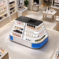 Kiosque de présentation cosmétique avec étagères en verre gris clair, éclairage supérieur, trois tiroirs, pour produits de soin de la peau, certifié CE ETL, pour salon de beauté