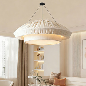 Lustre de style vintage français, 80 cm, 100 cm, luminaire suspendu rond en tissu pour salon, décoration intérieure, éclairage chaud et crémeux - Product Image 1