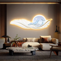 Peinture décorative murale 3D moderne de luxe haut de gamme avec lampe LED en porcelaine et cristal, motif baleine et plumes tombantes, pour fond de canapé, vente en gros