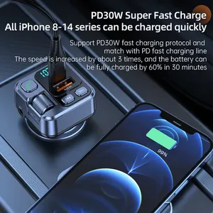 شاحن سيارة/مستقبل بلوتوث <span class=keywords><strong>USB</strong></span> PD30w للشحن السريع مع شاشة رقمية، محول هاتف محمول للسيارة، جهاز إرسال FM للهواتف الخلوية - Product Image 5