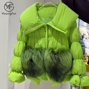 Jaket Puffer Down Kerah Bulu Rubah Perak Keluaran Baru 2022 Mantel dengan Kantong Bulu untuk Wanita Mode Musim Dingin