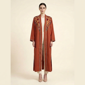 Bata Larga para Mujer, Color Terracota, Panel Suzani Bordado a Mano, Kimono Tradicional Hecho a Mano, Abierto - Product Image 1