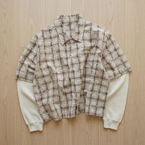 Custom Wholesale Cotton Plaid <b>Waffle</b> Knit Vintage Grunge Streetwear Layered Look Distressed Mens Long Sleeve Plaid <b>Shirt</b> - Product Image 2