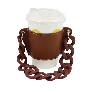 Pochette de tasse à café en cuir de haute qualité, pochette amovible chaîne en métal porte-boisson Portable